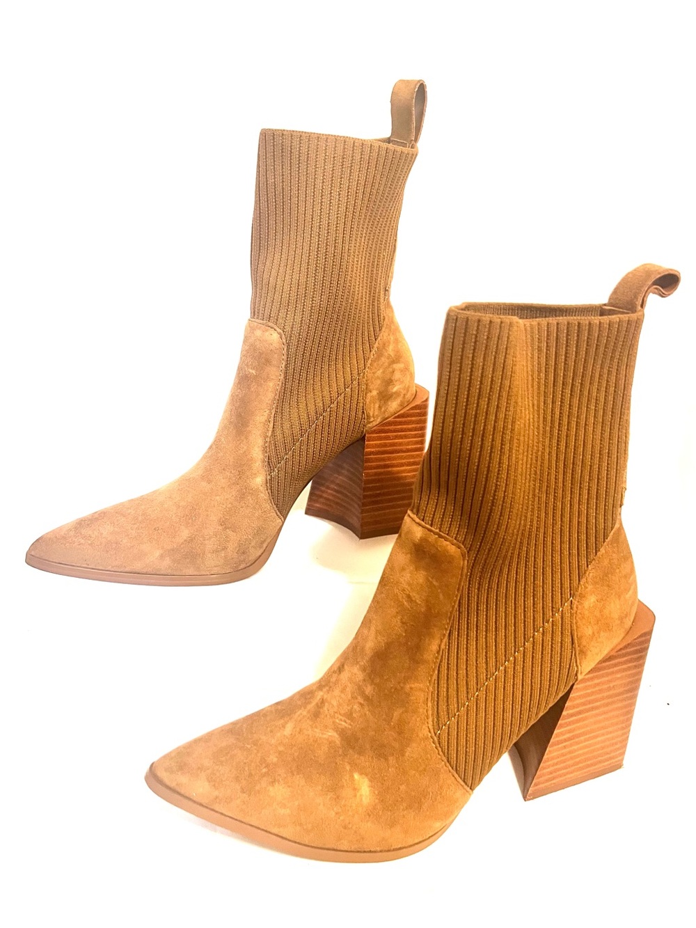 Steve Madden Tan Suede Ribbed Sock Ankle Boots